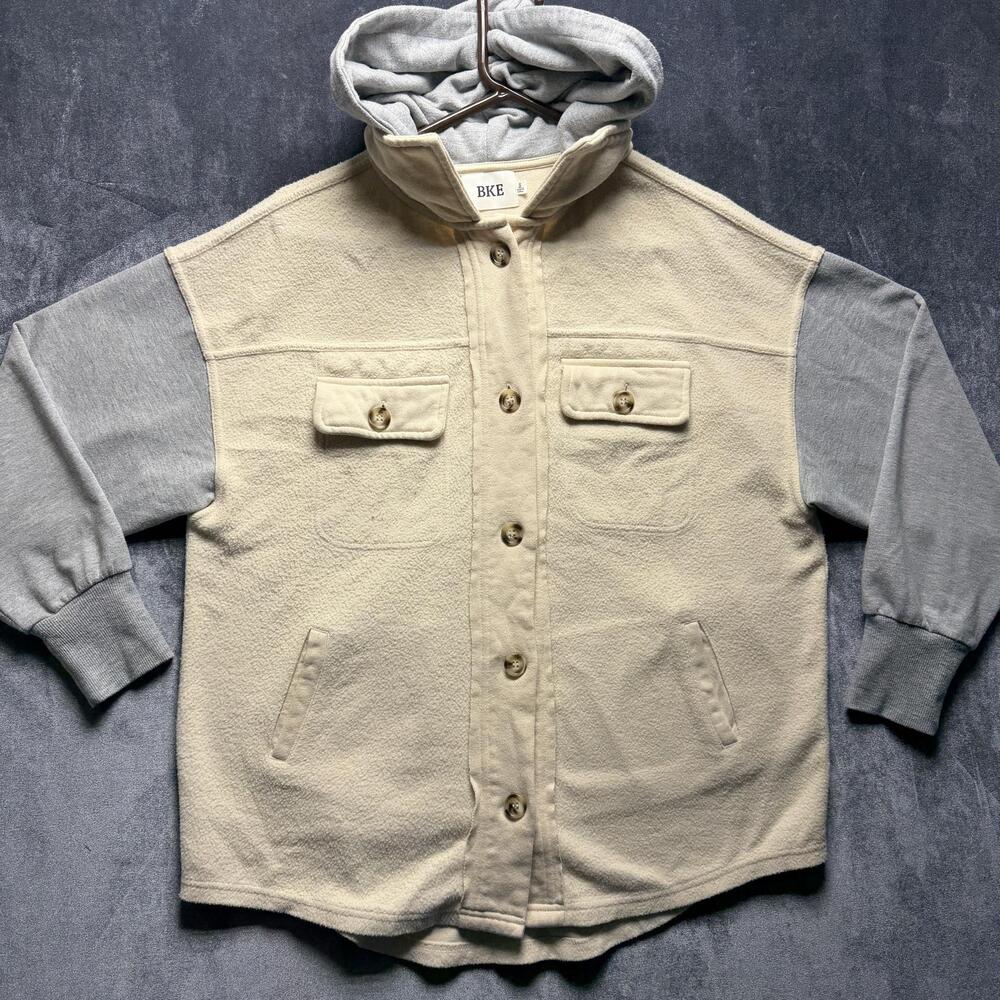 BKE Jacket S Hooded Varsity Fleece Beige Gray Relaxed Outdoor Pockets Button